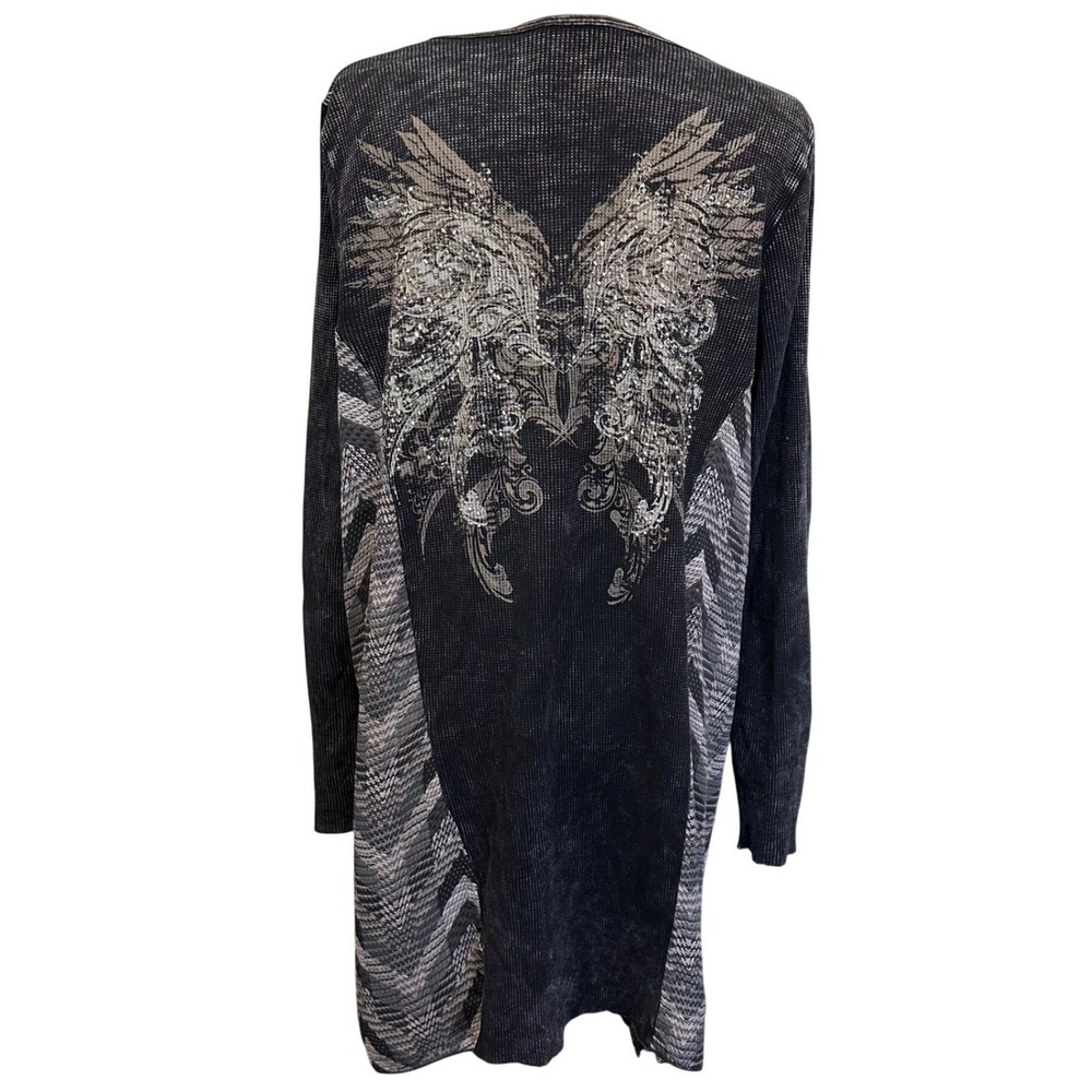 Vocal Womens L Black Acid Wash Rhinestone‎ Wing Graphic Thermal Cardigan Gothic